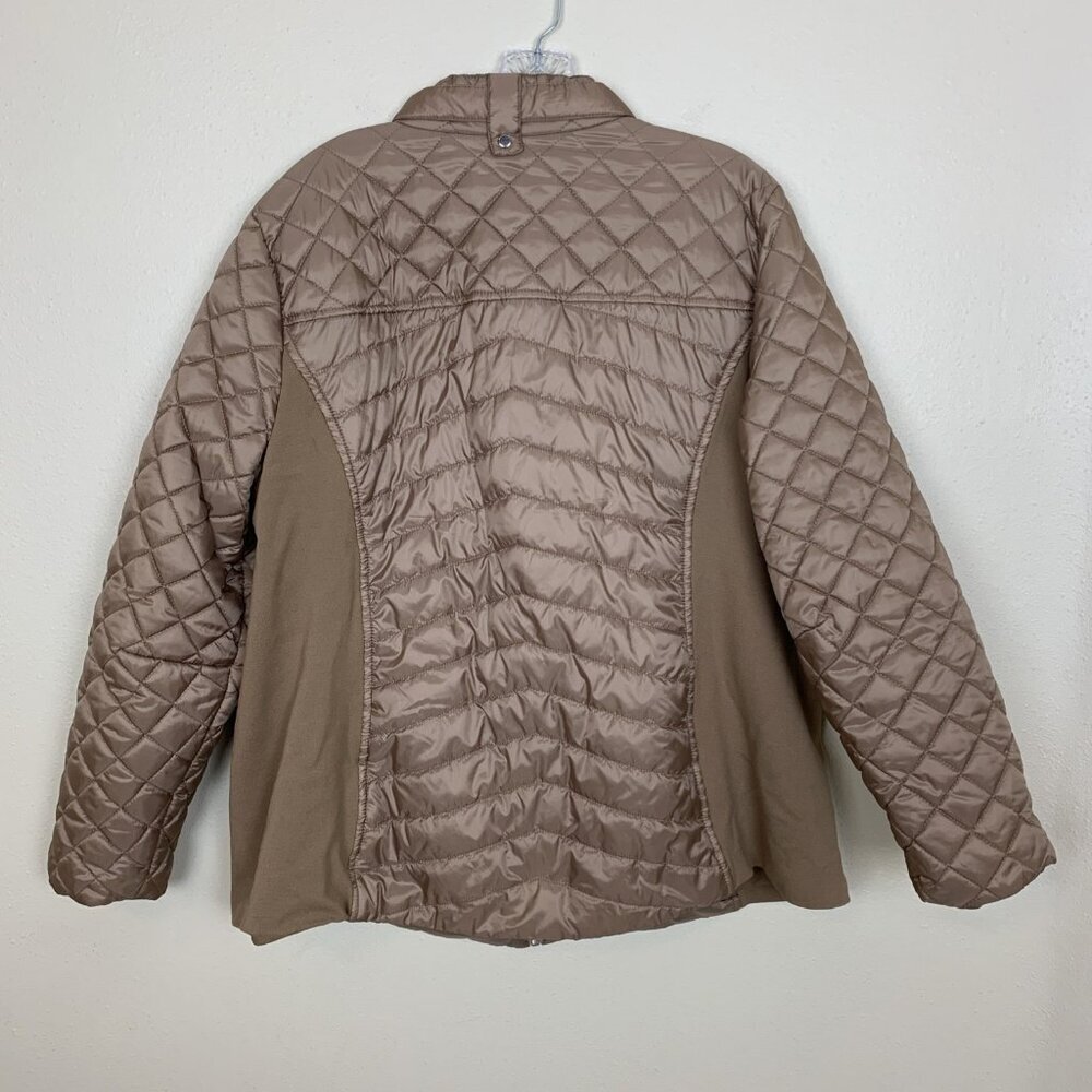 Susan Graver Womens XL Quilted Jacket Ponte Side Panels Zip Pockets Tan Puffer - Picture 3 of 14